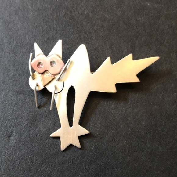 Vintage Sterling Silver 80s Cat Pin, This Cat is in a Tizzy! Signed by Artist - Picture 1 of 7